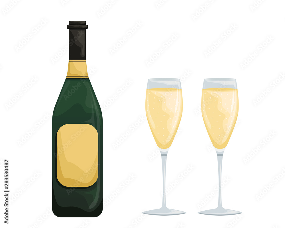Two glasses of white sparkling wine and a bottle. Proper use of wine. Two glasses of white sparkling wine and a bottle. Proper use of wine.
