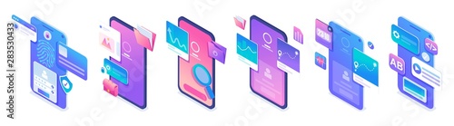 Set isometric types of applications for mobile phones, the use of icons. For website and mobile apps development