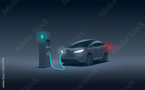 Vector illustration of a luxury black electric car suv charging at the charger station during night time low demand off peak electricity. Electromobility eco future transportation e-motion concept. 