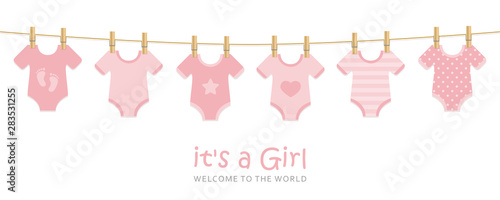 its a girl welcome greeting card for childbirth with hanging baby bodysuits vector illustration EPS10