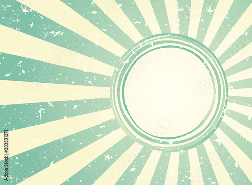 Sunlight retro faded wide background with shabby round frame for text. blue and green color burst background.