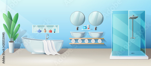 Modern bathroom interior with bath and shower stall, vector banner