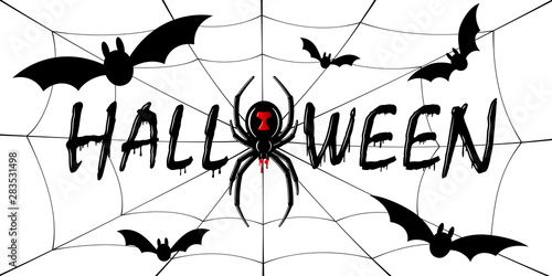 Happy Halloween card. Drip text, spider, web isolated white background. Greeting design banner, Halloween holiday celebration. Horror silhouette spider Black Widow. Flow blood. Vector illustration