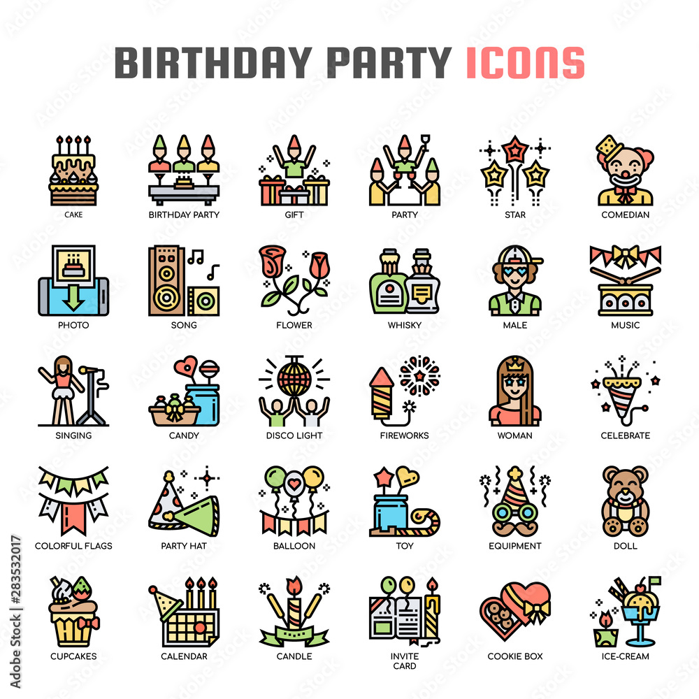 Naklejka premium Birthday Party , Thin Line and Pixel Perfect Icons