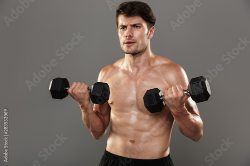 Handsome young strong sportsman posing isolated over grey wall background make exercises with dumbbells for arms.