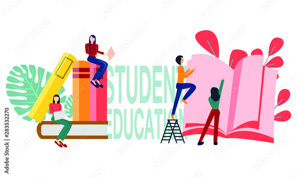 Bright illustration on the topic of student education. Training people. Gaining knowledge from books and the Internet. Students and self-education. Vector