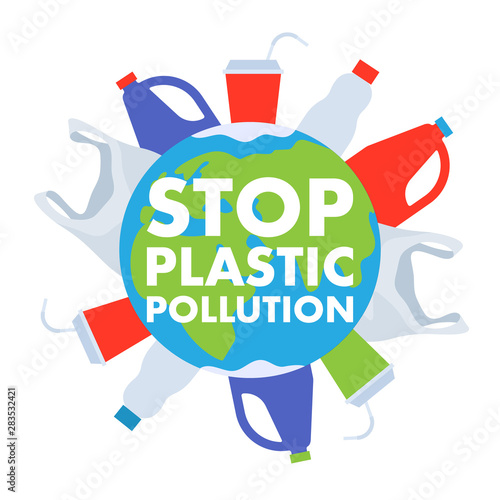 Stop plastic pollution poster with earth globe and plastic trash.