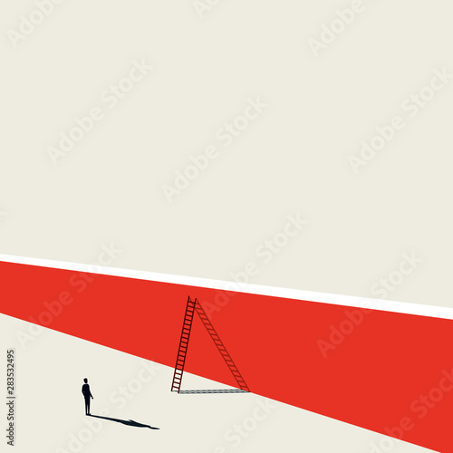 Business challenge and solution vector concept with businessman standing in front of ladder next to a wall. Symbol of overcoming, searching, breakthrough and success, new opportunities.