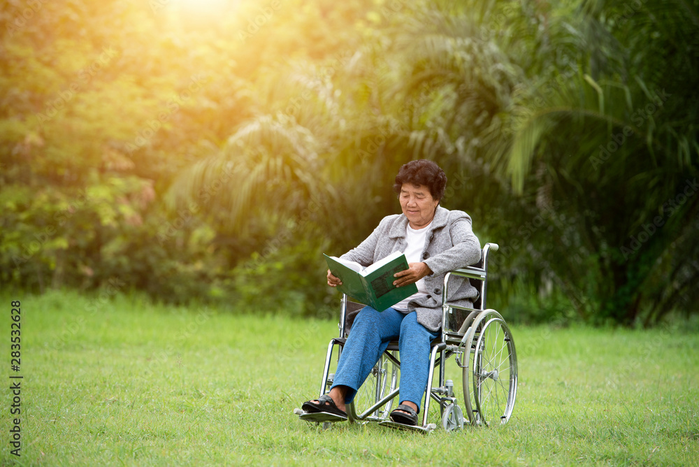 Elderly Asian women, elderly, sit on wheelchairs and read books outdoors in the park.