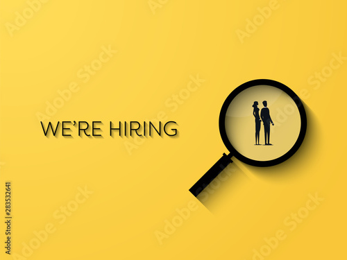 Hiring or recruitment website banner vector template with businessman and businesswoman in magnifying glass. Job vacancy advertisement.