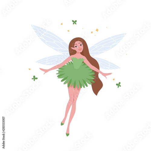 Flying fairy in beautiful dress and with long brunette hair isolated on white background