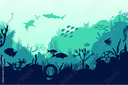 plastic pollution of the ocean. Garbage, waste. Eco concept.  Ecological catastrophy. Trash of humanity pollutes nature. Vector.