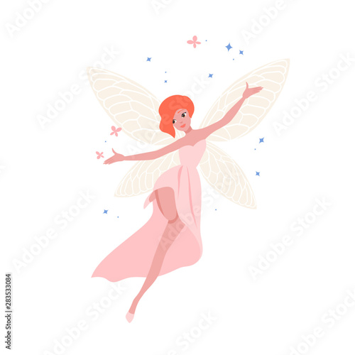 Cute fairy in beautiful gown and with red hair isolated on white background