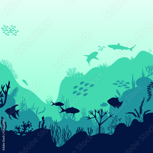 Silhouette of fish and algae on the background of reefs. Underwater ocean scene. Deep blue water, coral reef and underwater plants. a beautiful underwater scene; a vector seascape with reef.