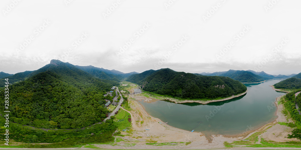 Fototapeta premium Damyang, South Korea - 24 July 2019 Damyang Lake 360 Aerial Panoramic view of Lake in Damyang. VR content..