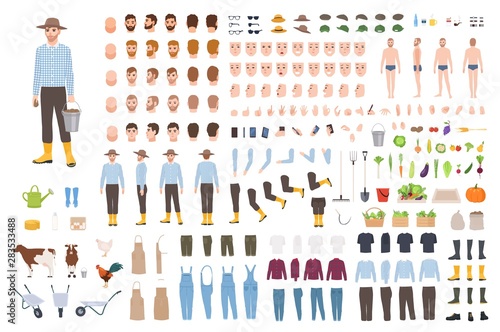 Garden or farm worker creation set or constructor kit. Bundle of male character body parts, clothes, emotions, working tools, livestock isolated on white background. Flat cartoon vector illustration.