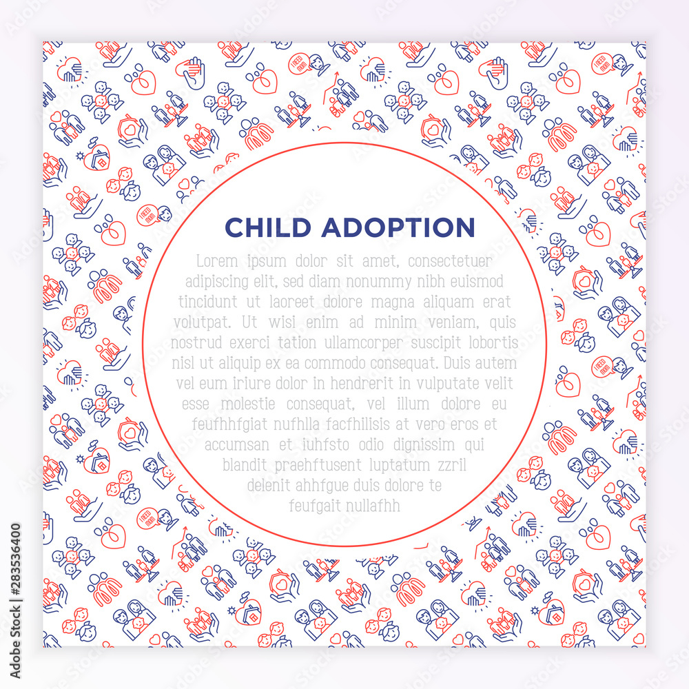 Child adoption concept with thin line icons: adoptive parents, helping hand, orphan, home care, LGBT couple with child, custody, cargivers, happy kid. Modern vector illustration with copy space. Child adoption concept with thin line icons: adoptive parents, helping hand, orphan, home care, LGBT couple with child, custody, cargivers, happy kid. Modern vector illustration with copy space.