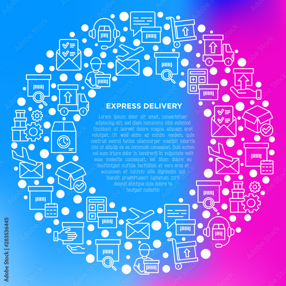 Express delivery concept in circle with thin line icons: parcel, truck, out for delivery, searchong of shipment, courier, sorting center, dispatch, registered. Modern vector illustration. Express delivery concept in circle with thin line icons: parcel, truck, out for delivery, searchong of shipment, courier, sorting center, dispatch, registered. Modern vector illustration.