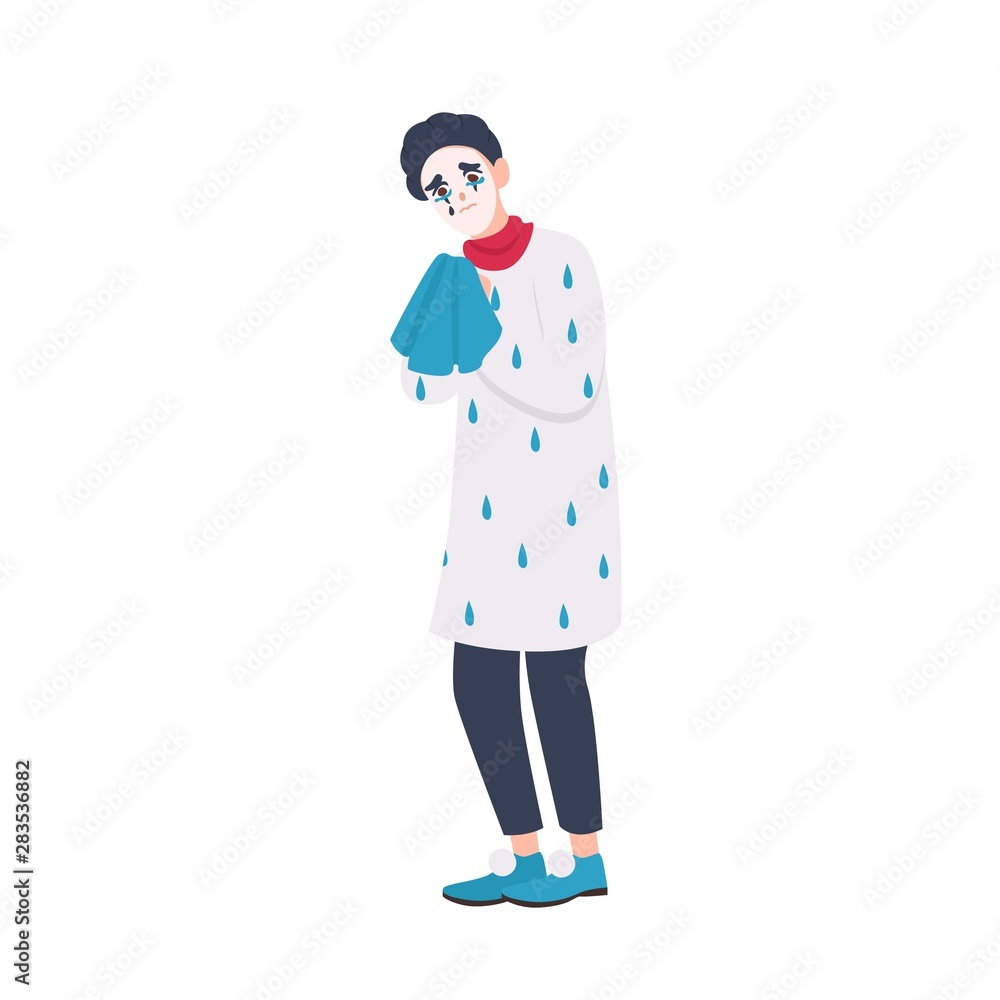 Unhappy mime in beret holding handkerchief and crying. Sad miserable comedian or entertainer isolated on white background. Performance artist weeping. Flat cartoon colorful vector illustration. Unhappy mime in beret holding handkerchief and crying. Sad miserable comedian or entertainer isolated on white background. Performance artist weeping. Flat cartoon colorful vector illustration.