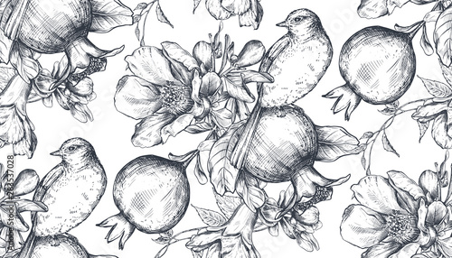 Vector seamless pattern with pomegranate fruits, flowers, branches and birds.