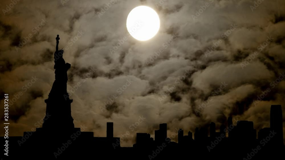 Statue of Liberty: Time Lapse in Dark Night with Full Moon, New York, USA Statue of Liberty: Time Lapse in Dark Night with Full Moon, New York, USA