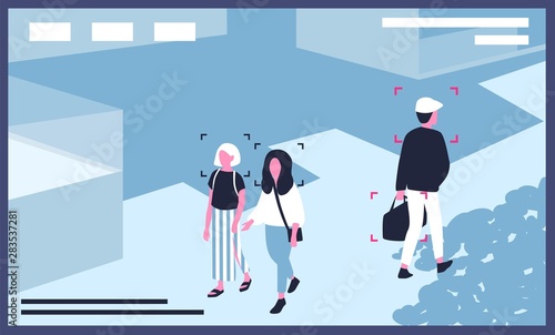 Video from CCTV cameras installed on city street. Modern surveillance technology used for monitoring, face recognition, person identification, public security. Flat cartoon vector illustration.