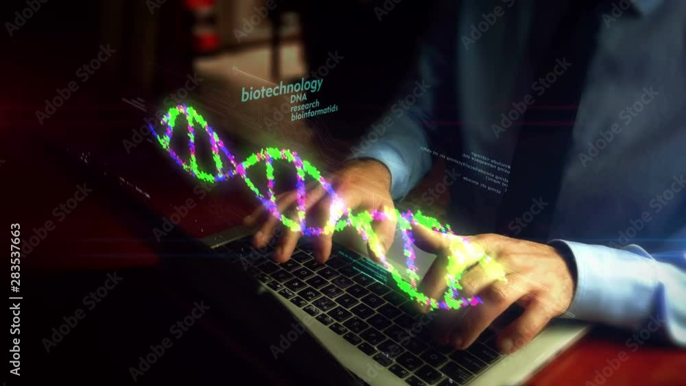 Man typing on laptop with biotechnology and DNA helix hologram screen