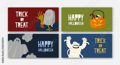 Bundle of horizontal holiday web banner templates with Halloween characters -...