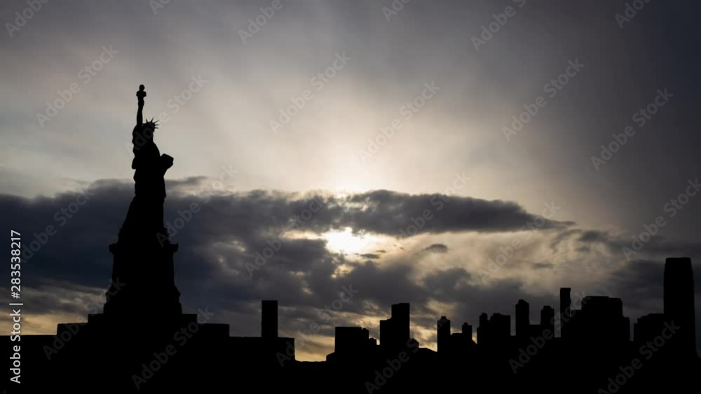 Statue of Liberty: Time Lapse at Sunsrise with Cityscape, New York, USA Statue of Liberty: Time Lapse at Sunsrise with Cityscape, New York, USA