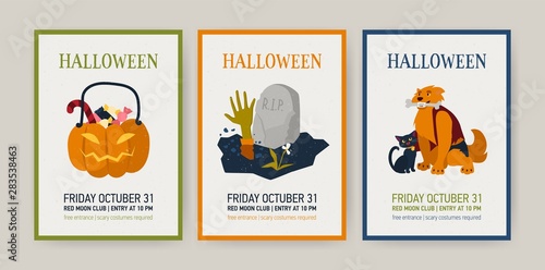 Set of vertical holiday cards or invitation templates with Halloween characters - Jack-o'-lantern with candies, werewolf. Flat festive cartoon vector illustration for event announcement, promotion.