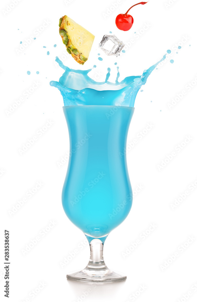 pineapple, cherry and ice falling into a splashing blue cocktail isolated pineapple, cherry and ice falling into a splashing blue cocktail isolated