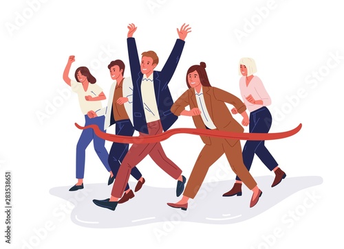 Joyful office workers or clerks crossing finish line and tearing red ribbon. Concept of people taking part in professional competition, rivalry at work. Modern flat cartoon vector illustration.