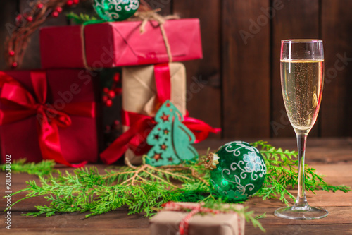 champagne in transparent glasses and a bottle (New Year's atmosphere, Christmas ) happy holidays! top. food background. copy space