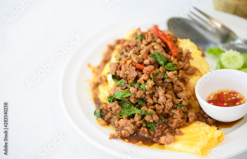 Fried basil with pork on an omelette and Fish sauce with chilli,