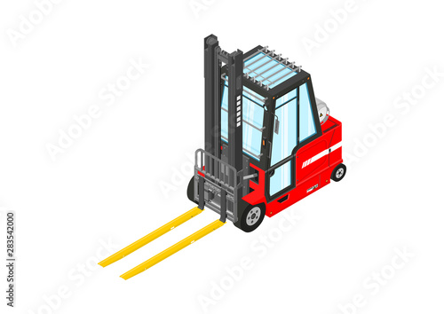 Gas powered forklift. Isometric view of red lpg counterbalance forklift. Flat vector.