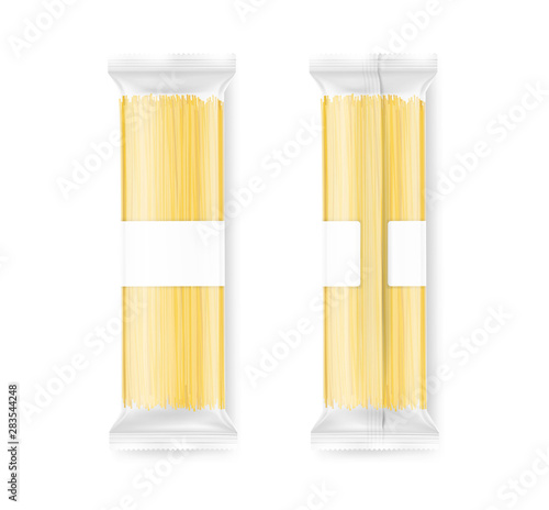 Transparent package with spaghetti pasta on white background. Vector illustration. Can be use for template your design, promo, adv. EPS10.	