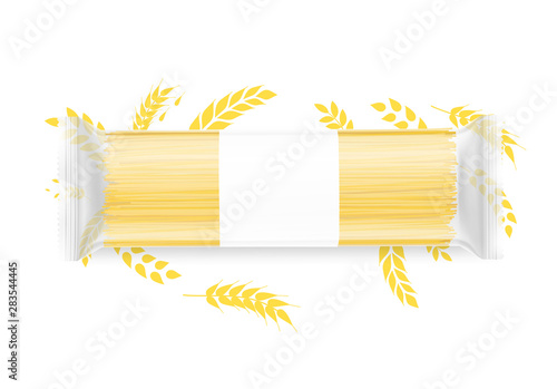 Transparent package with spaghetti pasta on white background. Vector illustration. Can be use for template your design, promo, adv. EPS10.	