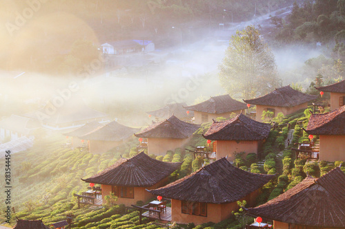 Beautiful resort and vallage is Chinese style with Tea Plantation in mist and sunrise shining on the mountain at Ban Rak Thai  Mae Hong Son province  Thailand.