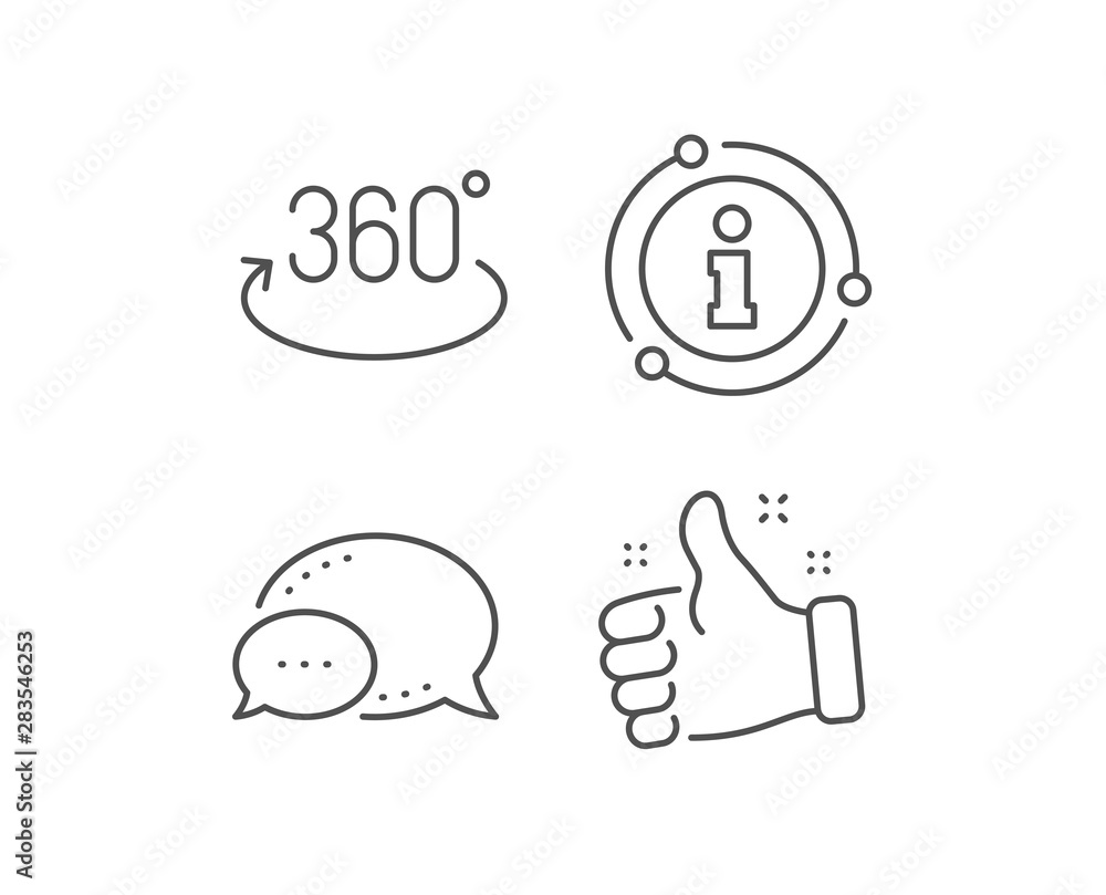 360 degree line icon. Chat bubble, info sign elements. Full rotation sign. VR technology simulation symbol. Linear full rotation outline icon. Information bubble. Vector 360 degree line icon. Chat bubble, info sign elements. Full rotation sign. VR technology simulation symbol. Linear full rotation outline icon. Information bubble. Vector