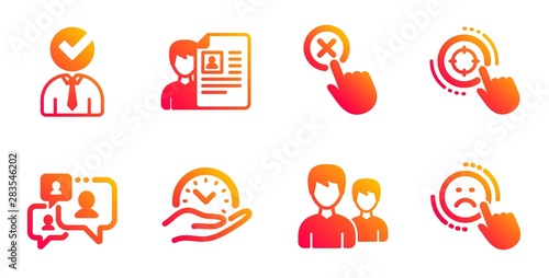 Support chat, Vacancy and Reject click line icons set. Safe time, Job interview and Seo target signs. Couple, Dislike symbols. Comment bubble, Businessman concept. People set. Vector