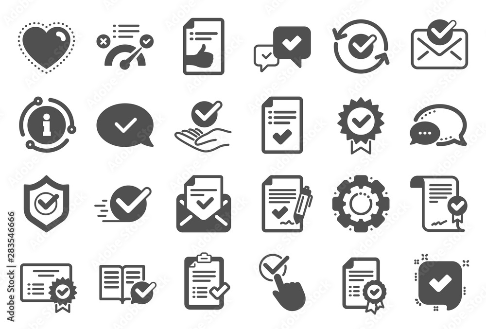 Approve icons. Set of Check List, Certificate and Award medal. Certified document, Accepted approve and Confirm mail icons. Guarantee certificate, Check mark and agreement signs. Quality set. Vector Approve icons. Set of Check List, Certificate and Award medal. Certified document, Accepted approve and Confirm mail icons. Guarantee certificate, Check mark and agreement signs. Quality set. Vector