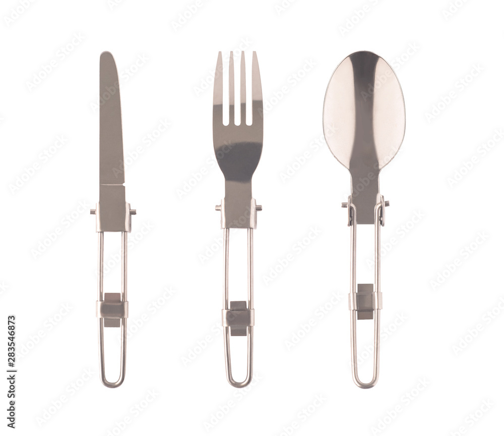 Set of folding cutlery set for camping and hiking. Fork, spoon and knife isolated on white background Set of folding cutlery set for camping and hiking. Fork, spoon and knife isolated on white background