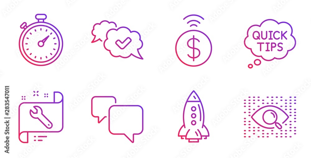 Approved, Timer and Rocket line icons set. Contactless payment, Speech bubble and Spanner signs. Quick tips, Artificial intelligence symbols. Comic message, Stopwatch gadget. Technology set. Vector Approved, Timer and Rocket line icons set. Contactless payment, Speech bubble and Spanner signs. Quick tips, Artificial intelligence symbols. Comic message, Stopwatch gadget. Technology set. Vector