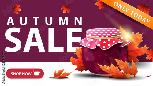 Autumn sale, modern purple discount banner with button, jar of jam and maple leaves