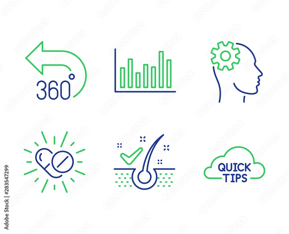 Anti-dandruff flakes, Engineering and 360 degrees line icons set. Medical  drugs, Bar diagram and Quick tips signs. Healthy hair, Cogwheel head, Full  rotation. Medicine pills. Science set. Vector Stock Vector | Adobe