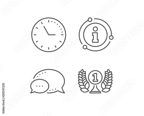Laureate award line icon. Chat bubble, info sign elements. Winner prize symbol. Prize with Laurel wreath sign. Linear laureate award outline icon. Information bubble. Vector
