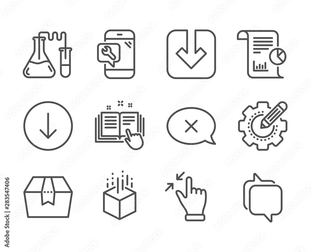 Set of Technology icons, such as Package box, Chemistry lab, Reject, Technical documentation, Load document, Messenger, Touchscreen gesture, Augmented reality, Scroll down, Report. Vector Set of Technology icons, such as Package box, Chemistry lab, Reject, Technical documentation, Load document, Messenger, Touchscreen gesture, Augmented reality, Scroll down, Report. Vector