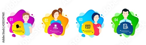 Winner podium, Breathing exercise and Technical info icons simple set. People shapes timeline. Accounting report sign. First place, Breath, Documentation. Check finance. Education set. Vector