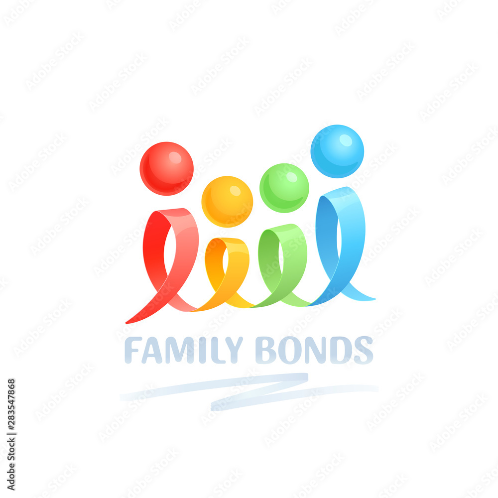 Family bonds. Vector logo. Metaphorical connection of mother, two kids and father. Red, yellow, green and blue twisted ribbons. Balls mean a people's heads. Abstract colorful symbol of happy family