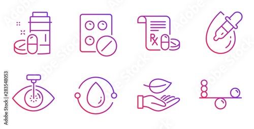 Medical tablet, Medical drugs and Leaf line icons set. Eye laser, Eye drops and Cold-pressed oil signs. Balance symbol. Medicine pill, Medicine bottle. Healthcare set. Vector